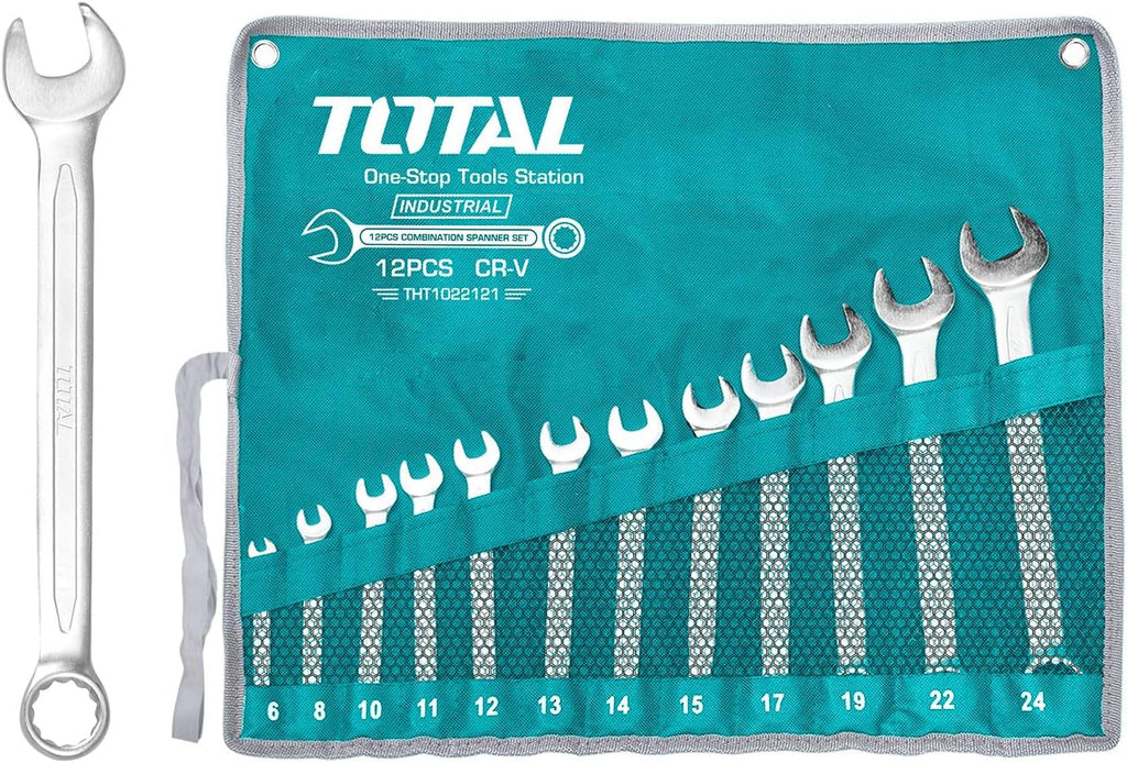  Total Tools - Sac Avec 12 Clés Mixtes | Mesures De 6 à 24 Mm | Clé Fixe Et Clé Coudée | Pour Serrer Ou Desserrer Les écrous Et Les Vis à Tête Hexagonale | Fabriqué En Chrome Vanadium